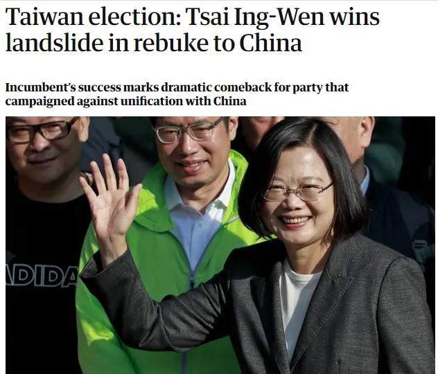 英國《衛報》報導台灣大選，指台灣選民嚴拒中國，選擇一個保護國家的領導人。   