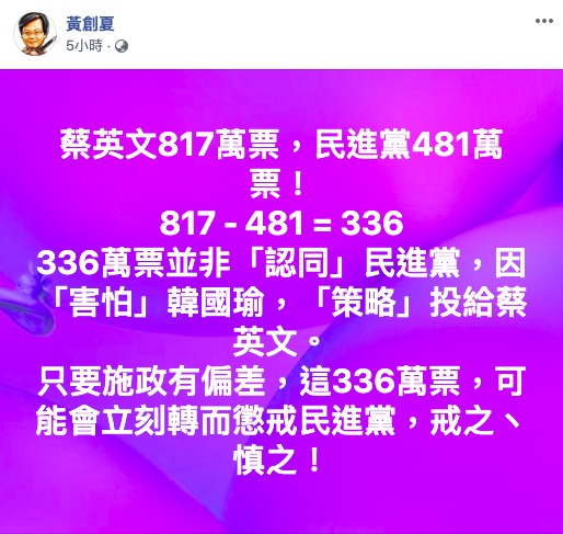 資深媒體人黃創夏在臉書提出警惕，民進黨政黨票的得票數與蔡英文總統得票數竟然相差達到336萬票，民進黨政府應對此戒慎恐懼。   圖：取自黃創夏臉書