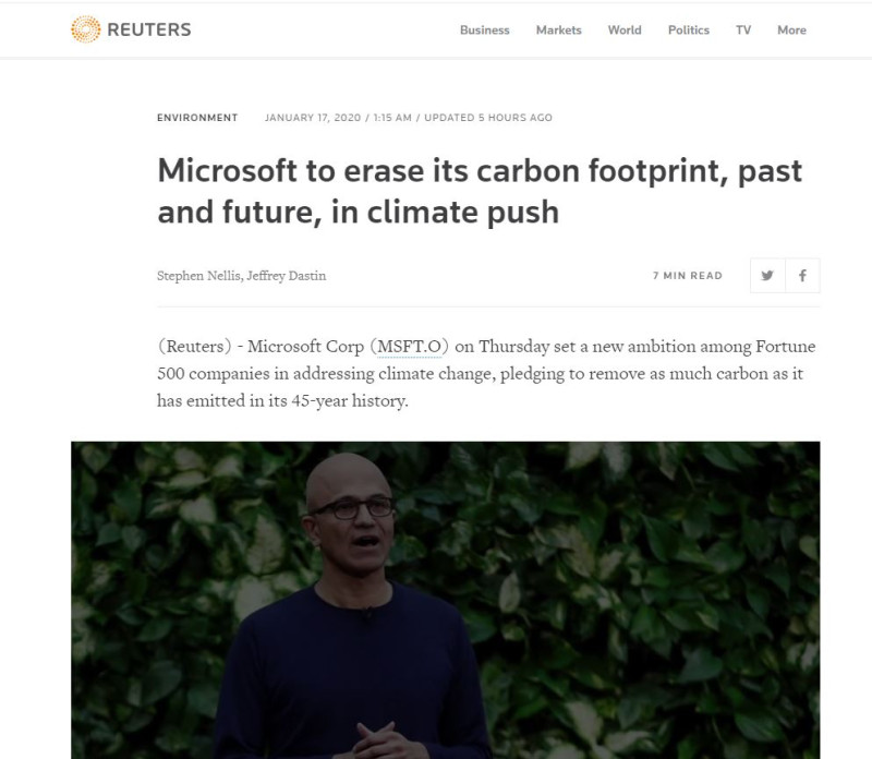 《路透社》報導，微軟宣布將投資10億美元用來研發收集並消除碳的技術，希望到2050年能消除相當於微軟自1975年創立以來所產生的所有碳排放量。   圖：截取自路透官網