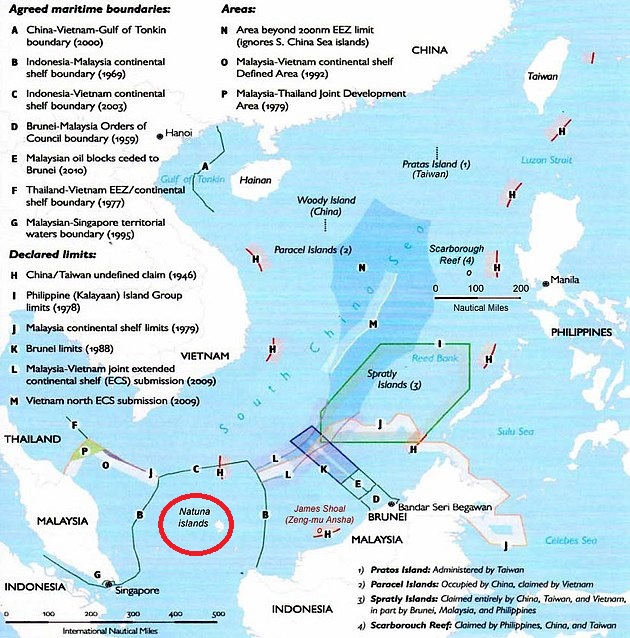 印尼的納土納群島週邊海域與中國的九段線有重疊，雙方因此發生齟齬   圖：美國國防部提供　Public Domain