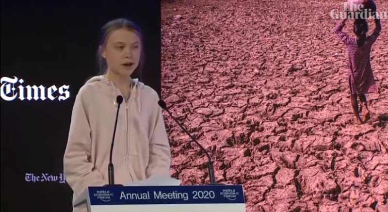 瑞典環保少女童貝里出席WEF氣候小組，在全球企業菁英面前抨擊在氣候變遷上毫無作為。   圖：翻攝YouTube