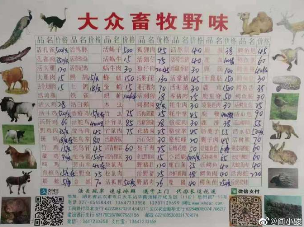 近日網路上轉傳一張在武漢華南海鮮市場販賣的「野味價目表」。   圖：翻攝自閻小駿的微博