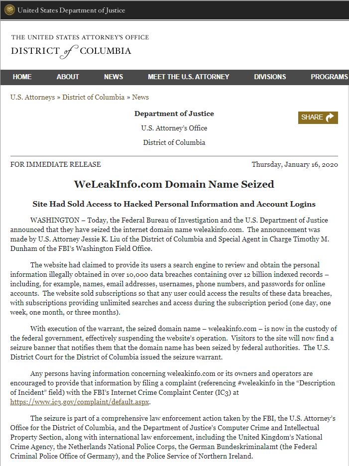 美國司法部證實，美國聯邦調查局（FBI）近日透過一項跨國行動查獲了一個違法出售個資營利的網站「WeLeakInfo」。   圖：取自美國司法部官網