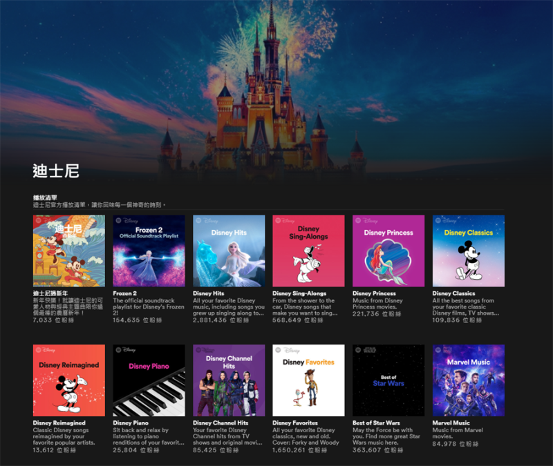 Spotify 推出「Disney Hub」，裡面收錄了許多民眾耳熟能詳的迪士尼和皮克斯動畫歌曲，以及漫威、星際大戰的電影原聲配樂。   圖：Spotify提供