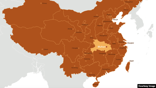 美國疾病管制暨預防中心(CDC)發表的武漢肺炎疫情地圖，將台灣與中國標為同一顏色。   圖：翻攝CDC官網