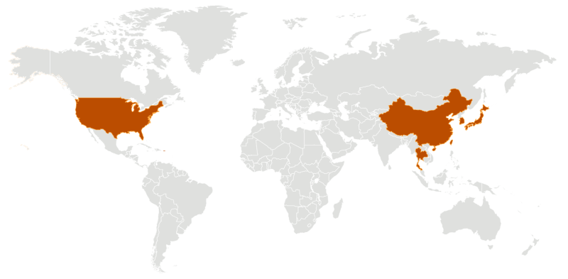 武漢肺炎病情延燒，圖中被標示的國家皆出現確診案例。   圖：翻攝自CDC