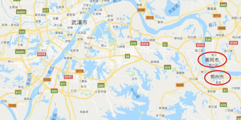 湖北省的黃岡市與鄂州市今日宣布封城。   圖：翻攝自Google地圖
