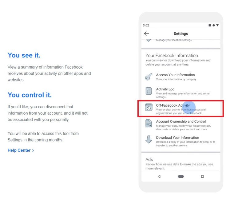 臉書宣布新增了一項可用來保護個人隱私的工具「Off-Facebook Activity」（Facebook站外動態）。   圖：取自臉書官網