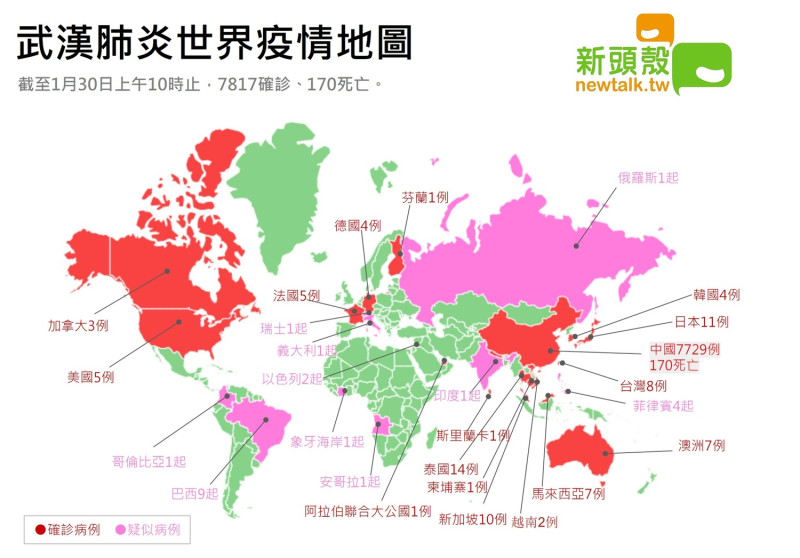 武漢肺炎世界疫情地圖。   圖：新頭殼製圖