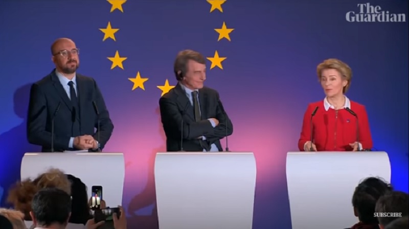 英國將在31日午夜脫離歐洲聯盟，歐盟執委會主席范德賴恩（右）強調歐英關係將掀新頁，致力保持最佳合作夥伴關係。   圖：翻攝YouTube