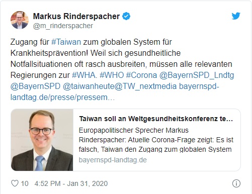 社民黨（SPD）籍的邦議會副議長林德斯巴謝（Markus Rinderspacher）今天表示，2019新型冠狀病毒的疫情證明，全球疾病防治體系不應排除台灣，他呼籲今年5月舉行的世衛大會邀請台灣以觀察員的身份參加。   圖/翻攝自Markus Rinderspacher推特