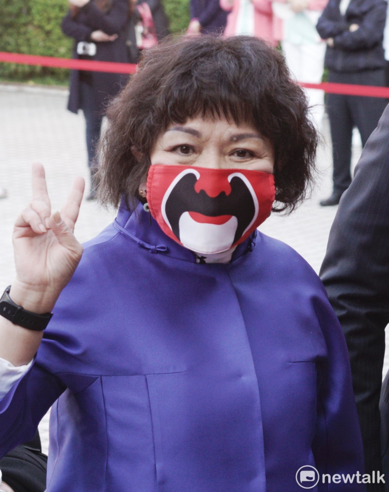 葉毓蘭戴著京劇臉譜造型的口罩低調現身議場前。   圖：張良一/攝