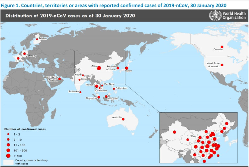 報告中也揭露截至1月30日，全球各國出現確診病例的圖表，中國為唯一突破500例的單一國家。   圖：翻攝自WHO疫情報告
