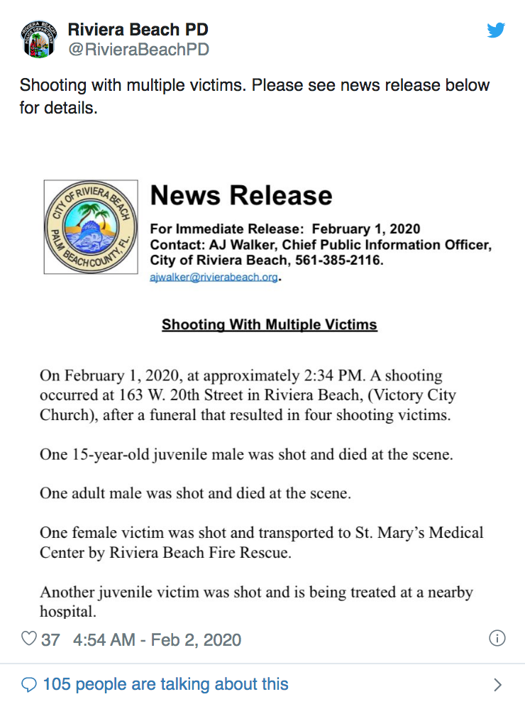 美國佛羅里達州的一家教堂於昨（1日）舉行喪禮後，發生槍擊案。   圖：翻攝自Riviera Beach PD