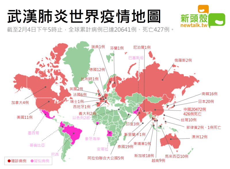 武漢肺炎世界疫情地圖。   圖：新頭殼製圖