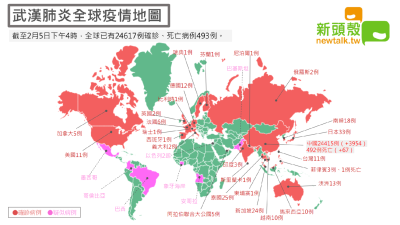2月5日武漢肺炎疫情地圖。   圖：新頭殼製圖