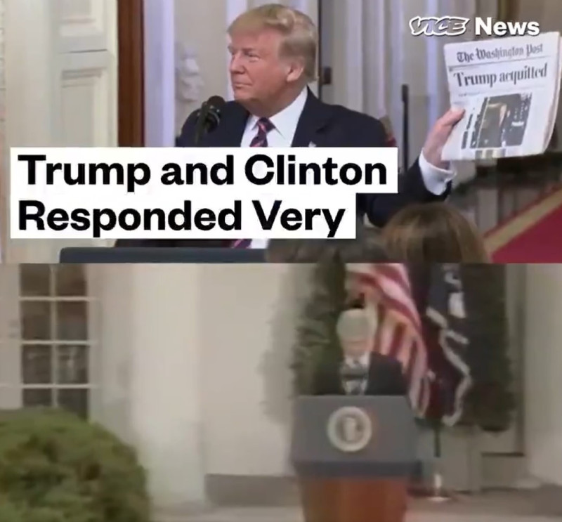 VICE News透過推特分享出前美國總統柯林頓從彈劾案脫身後發表演說的神情,與此次川普大秀報紙頭版的模樣做對比。 圖:翻攝自推特