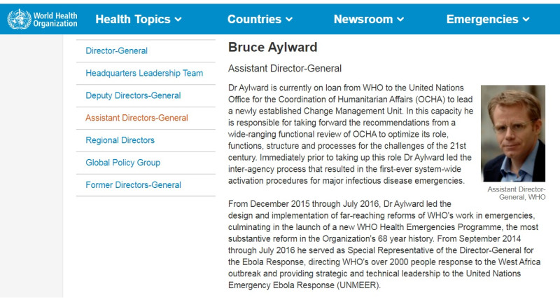 世衛助理總幹事艾沃德(Bruce Aylward)率領國際專家先遣小組協助調查中國的新型冠狀病毒(2019-nCoV，武漢肺炎)疫情。   圖：翻攝世界衛生組織官網