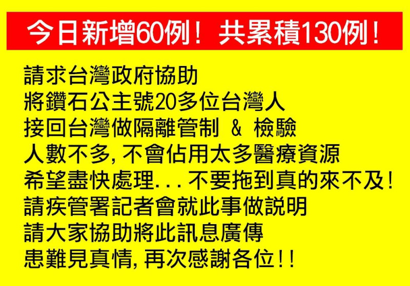 陳日昇臉書PO文向台灣政府請求，要求將船上20多名台灣人接回台灣隔離管制、檢驗。   圖：翻攝魔術師陳日昇-視覺的衝擊臉書