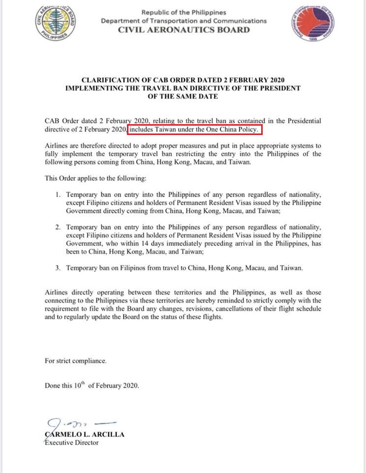 根據菲國公文，禁止台灣旅客入境，是基於「一個中國」原則（紅框處）。   圖：翻攝自菲律賓民航委員會官網