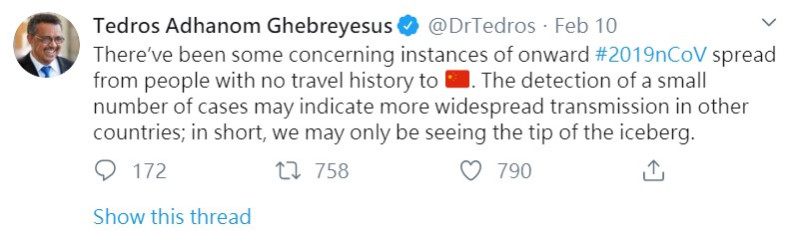 譚德塞表示，對於中國以外的疫情，「我們可能只看到冰山一角」。   圖：翻攝自twitter@DrTedros