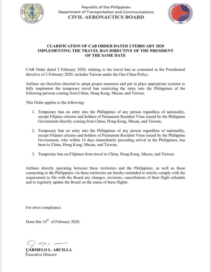 菲律賓民航委員會昨（10日）晚頒出3項禁令。   圖：翻攝自菲律賓民航委員會