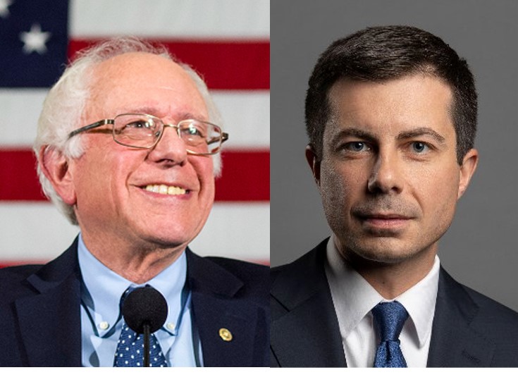 美國新罕布什爾州總統初選今天登場，民主黨陣營中，目前聲勢最高的是左派的桑德斯（Bernie Sanders）(左) 和年輕挑戰者布塔朱吉（Pete Buttigieg）(右)。   圖：新頭殼合成