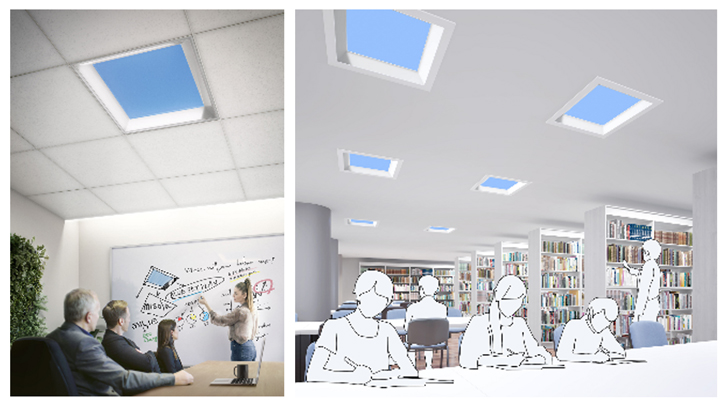 三菱電機研發出新型LED照明燈具「Misola」，可營造出辦公室有對外窗，看得到晴朗藍天的假象，減少長期待在室內之人的憂鬱和焦慮。   圖：取自三菱電機官網