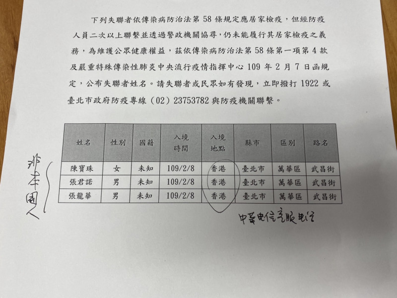 北市府公布從香港入境3位失聯者姓名。   圖：周煊惠 / 翻攝