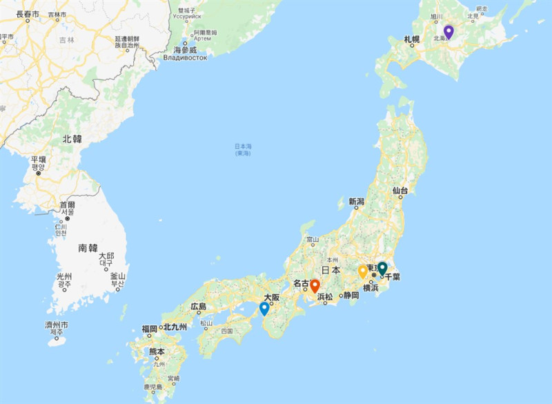 日本厚生勞動省表示，和歌山（藍標處）、愛知（橘標處）、千葉（綠標處）、北海道（紫標處）、神奈川縣（黃標處）至少5個區域已發生無法追查感染途徑的境內感染。   （圖取自Google地圖網頁google.com/maps）