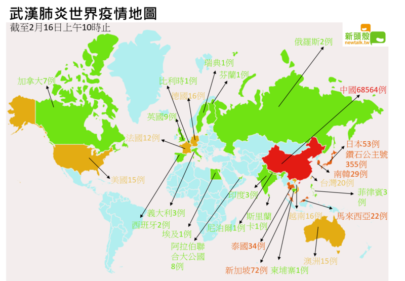武漢肺炎世界疫情地圖。   圖：新頭殼/製作