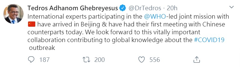 譚德塞表示，由世界各國專家組成的聯合考察團已於16日抵達北京   圖：翻攝自推特