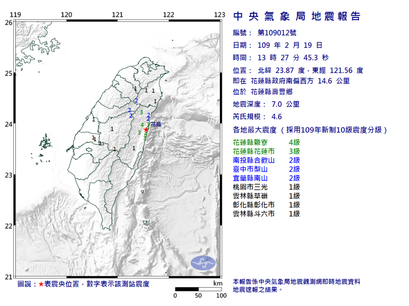 今（19）日下午1時27分花蓮發生有感地震。   圖：取自中央氣象局官網