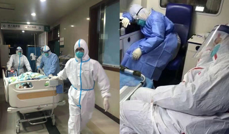 中國武漢肺炎疫情嚴重，醫護人員工作量暴增，身心俱疲。   圖：翻攝自微公益微博