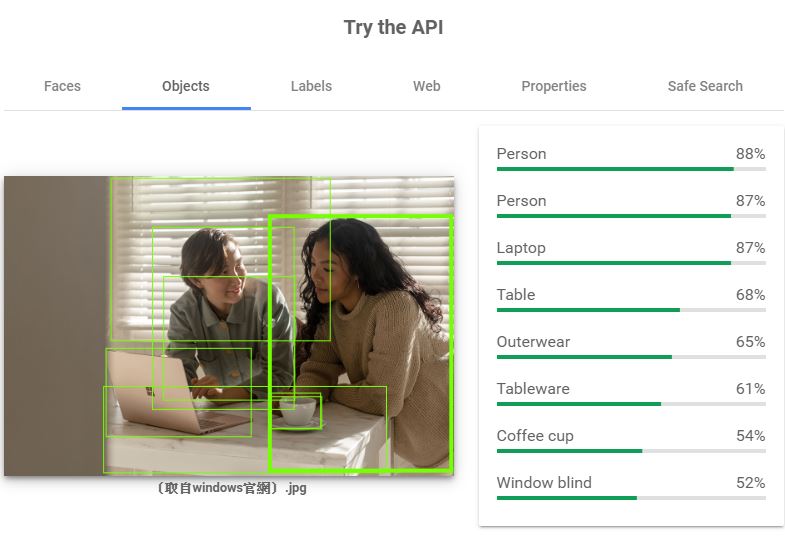 Google 的圖片辨識AI工具Cloud Vision API 不再以外貌來標籤性別，一律標註為「人」，以免產生偏見。   圖：取自Google Cloud  Vision API 官網