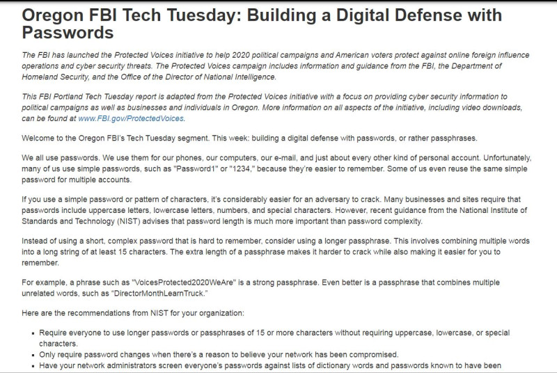 FBI在每週技術諮詢專欄中談到密碼設定，強調長度是關鍵。   圖：取自FBI官網
