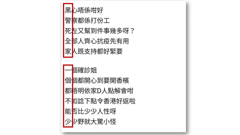 香港孔聖堂中學副校長在個人臉書PO出「黑警死全家、一個都不能少」的藏頭詩。   圖：擷取自Billy Ho臉書