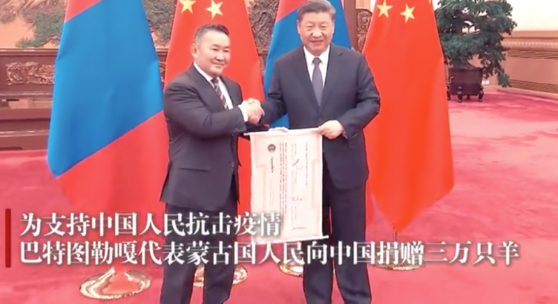 蒙古國總統巴特圖勒於2月27日訪問中國，並決定向中國贈送3萬隻羊。   圖：翻攝自中國「環球網」
