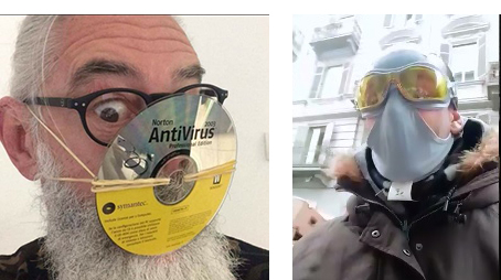 法國如今口罩也嚴重短缺，政府宣布徵用，當地民眾KUSO以光碟片」內褲上場抗疫。   圖：翻攝自CHRONOS、Le Jujuvien推特／新頭殼合成