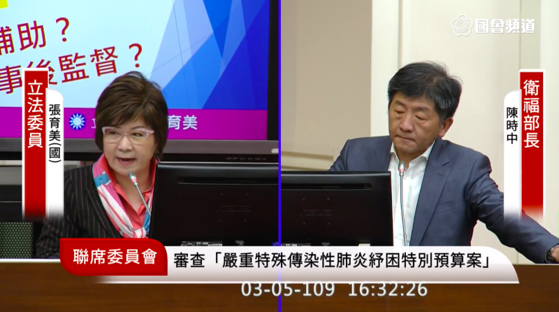 國民黨立委張育美、衛福部長陳時中   圖：圖：擷取自國會頻道直播畫面