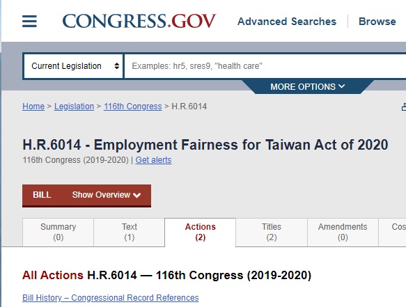 美國國會網站顯示，《2020台灣就業公平法》在2月28日提交眾議院金融服務委員會。   圖：翻攝自美國國會官網