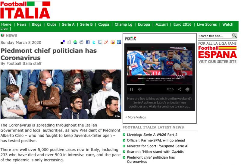 義大利媒體報導比第蒙大區（Piedmont）首長奇里歐（Alberto Cirio）確診的消息。   圖：截圖自Football ITALIA
