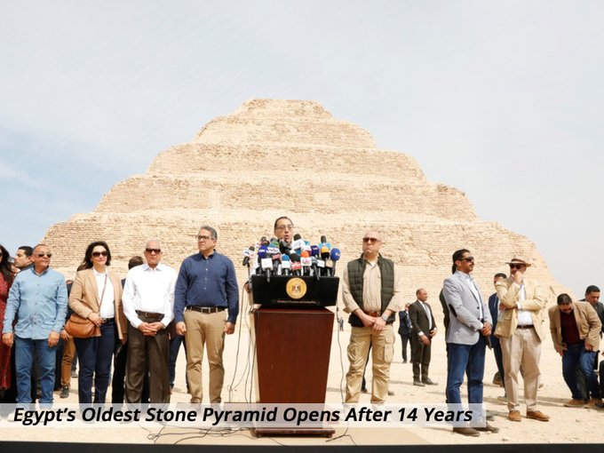 埃及旅遊及古物部宣布，最古老的左塞爾金字塔修復14年後，5日重新對外開放。   圖：翻攝自埃及旅遊及古物部推特