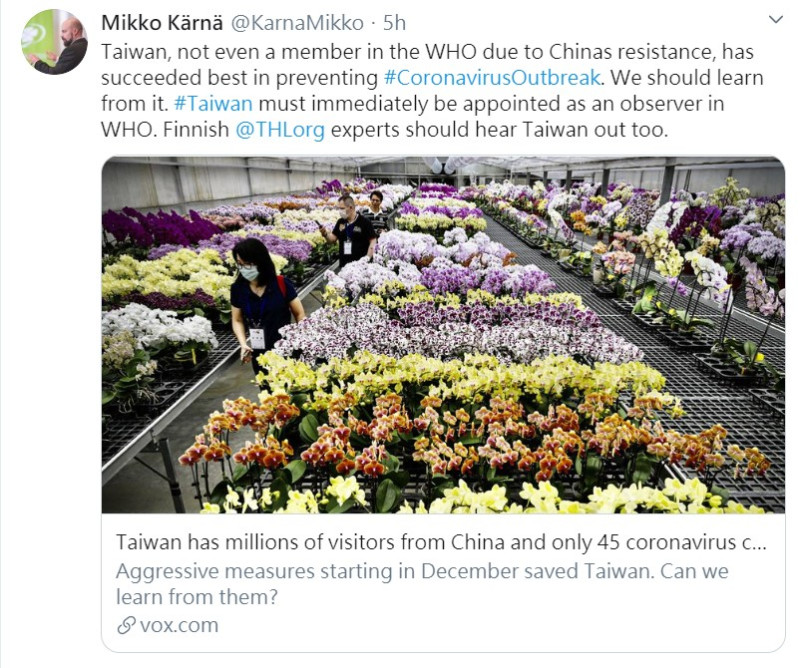 他直言，「必須立即任命台灣為世界衛生組織的觀察員」。   圖：翻攝自凱爾納推特