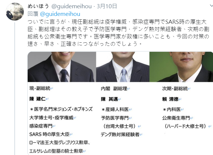 他也發現台灣副總統陳建仁、行政院副院長陳其邁和準副總統賴清德也都具有醫學背景。   圖：翻攝自めいほう推特