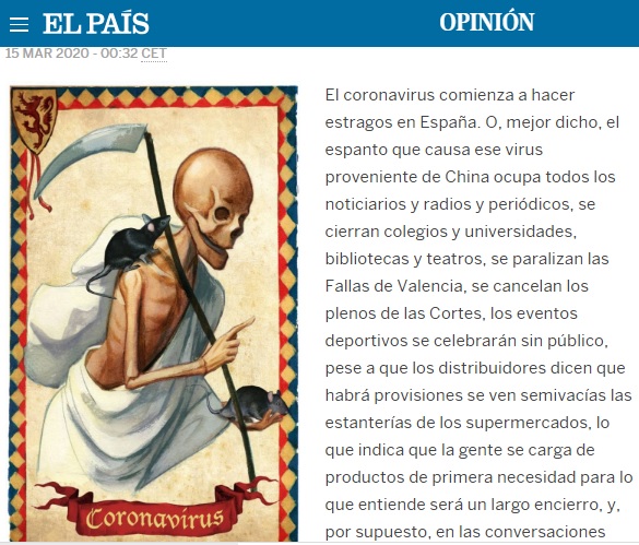 諾貝爾文學獎得主尤薩在西班牙的《國家報》（El Pais）撰文，指武漢肺炎病毒來自於中國。   圖：翻攝自西班牙《國家報》