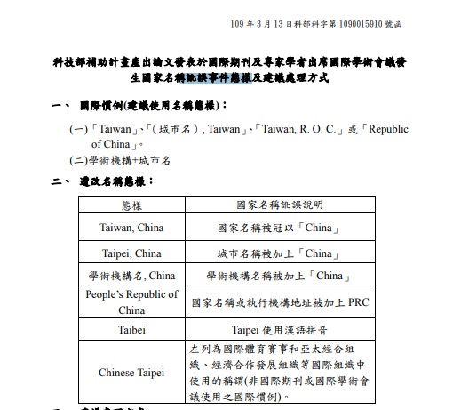 科技部發函各大學，列出台灣可能遭到中國打壓，國名遭矮化的情形。   圖：翻攝自科技部公函
