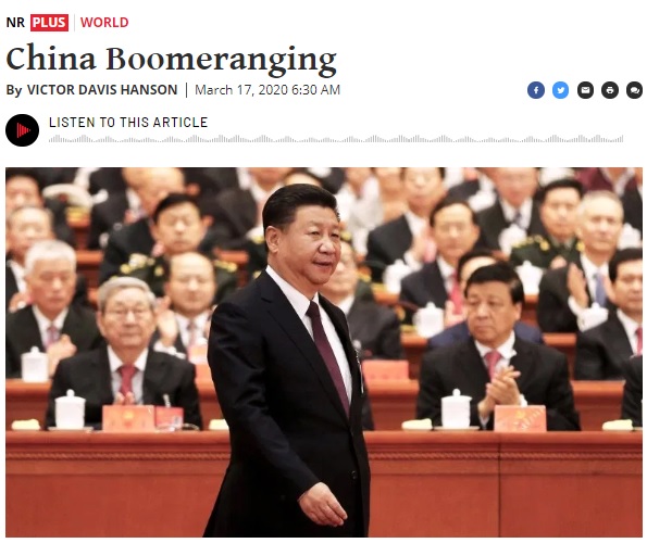 美國學者韓森投書美國《國家評論》半月刊，文章標題為「中國自食惡果」（China Boomeranging）。   圖：翻攝National Review官網