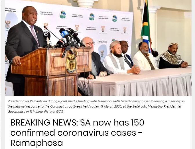 南非總統拉瑪佛沙（左1）宣布，r境內確診累計達150例，政府將祭出多項嚴厲規範。   圖：翻攝IOL News官網