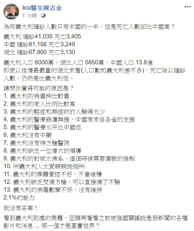 陳志金在臉書提出，為何義大利確診人數低於中國，但死亡人數卻高出中國的原因。   圖：翻攝自「Icu醫生陳志金」臉書